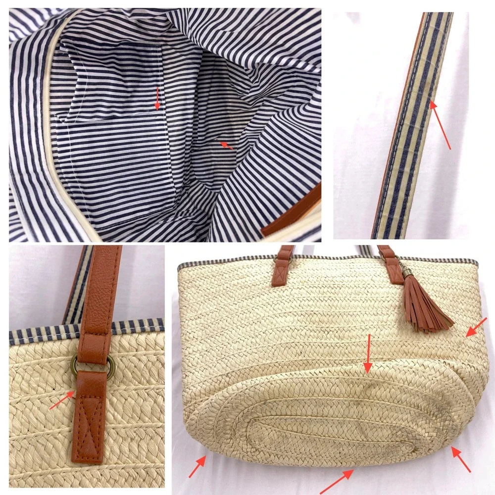 Beige Straw Tote Tassel Woven Raffia Style Coastal Beach Bag